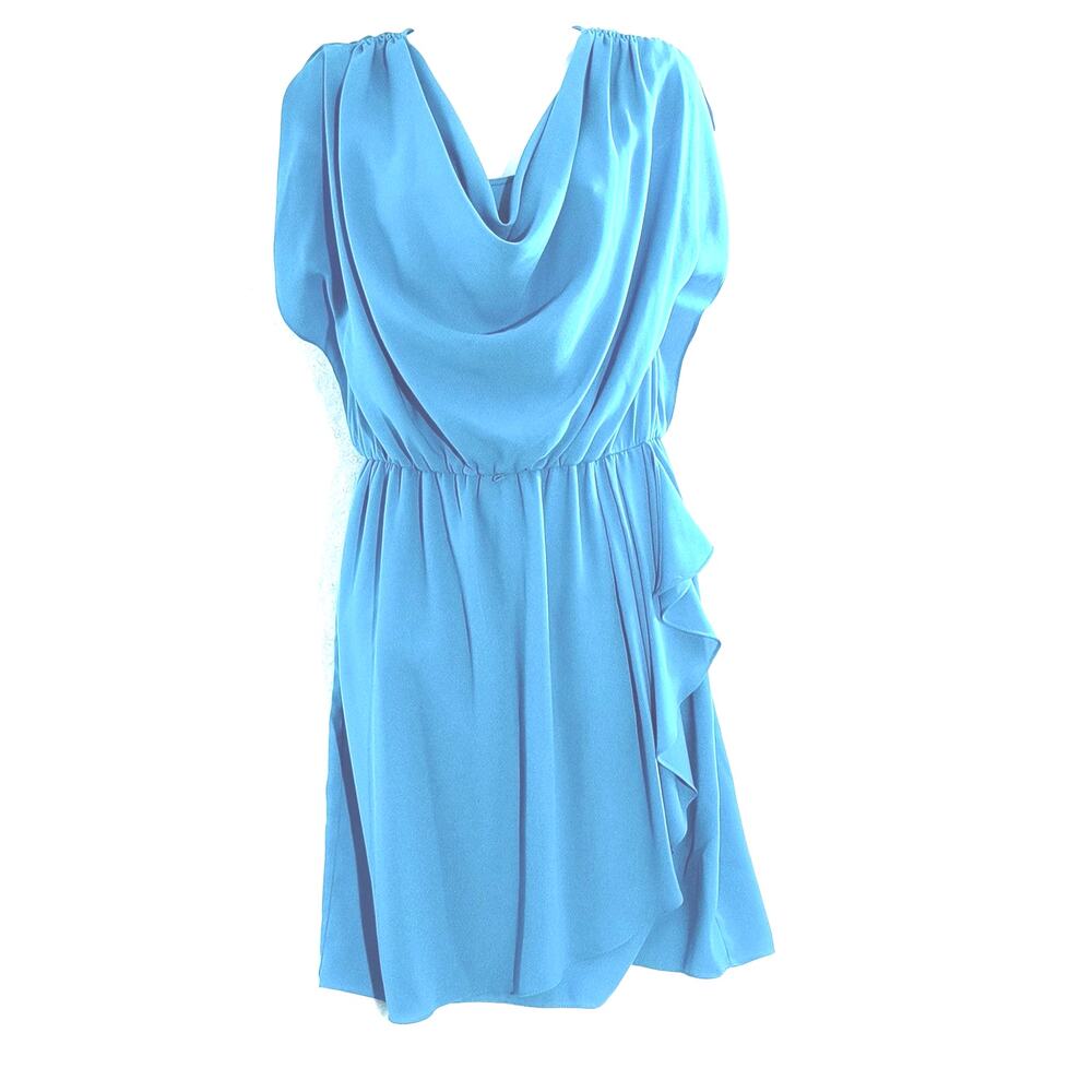 Nine West Faux Wrap Dress Women's Size 6 Blue Asymmetrical Ruffle Draped Neck